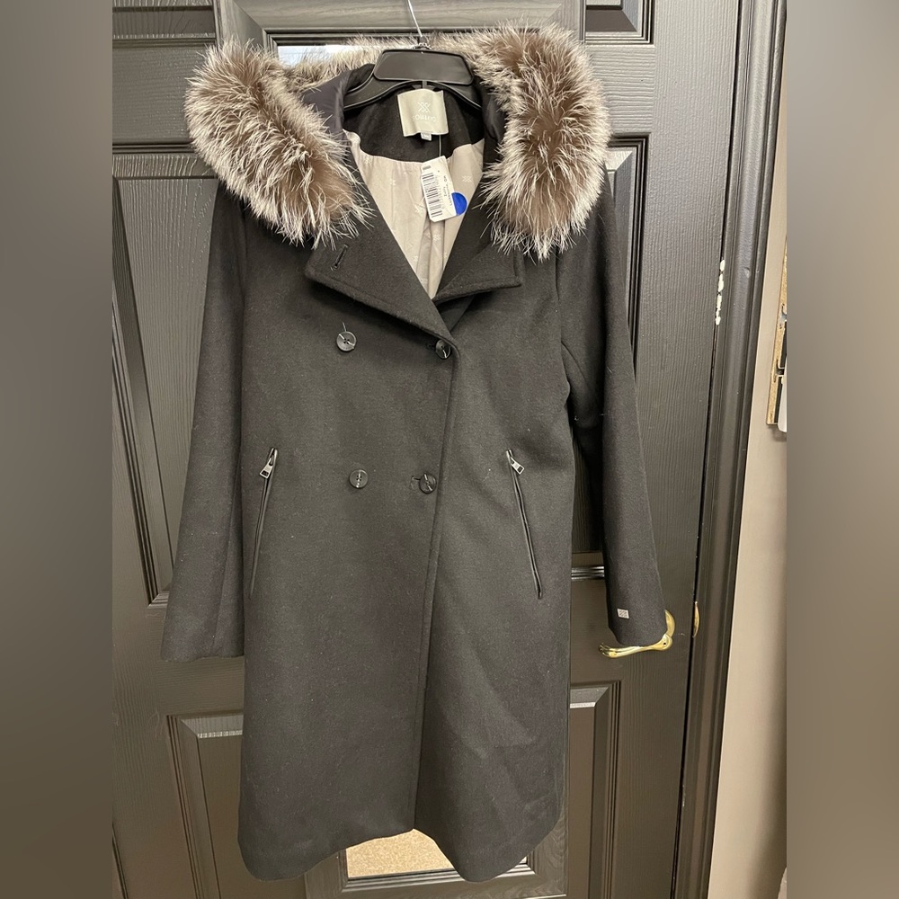SOIA & KYO Black Faux Fur-Trim Hooded Wool-Blend Peacoat New without tags